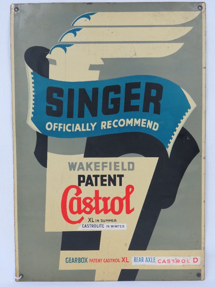 A vintage Castrol advertising sign, 'Singer Officially Recommended', 48 x 33cm.