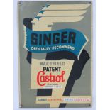 A vintage Castrol advertising sign, 'Singer Officially Recommended', 48 x 33cm.