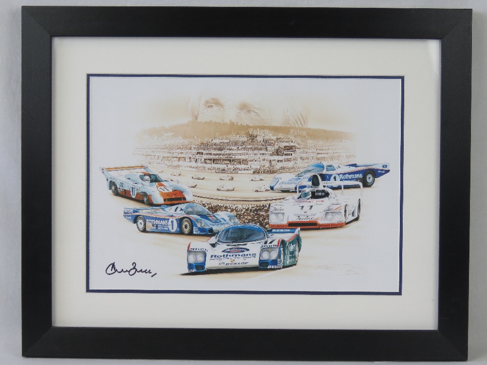 Coloured print; signed by Derek Bell, five times Le Mans winner, double mounted and framed,