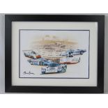Coloured print; signed by Derek Bell, five times Le Mans winner, double mounted and framed,
