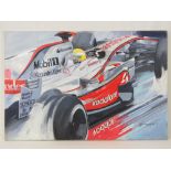 Acrylic on canvas; Lewis Hamilton in a McLaren F1 car by Simon Ward, signed and dated 2008,