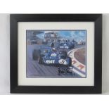 Coloured print; Tyrrell 003 signed by Sir Jackie Stewart, after Michael Turner,