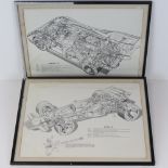 Two monochrome printed exposed diagrams of Lotus 72 and a Porsche 917, published by Anglia Art,