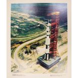 Saturn 5 North American Aviation; lithograph bearing Neil Armstrong signature, 31cm x 38cm. SIA.