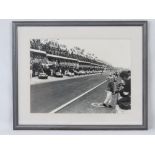 Framed black and white photograph of the start at Le Mans, 29cm x 39cm.