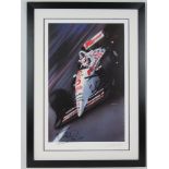 A Indy Car poster after Gavin MacLeod, circa 1993, signed by Nigel Mansell, framed, 70cm x 45cm.