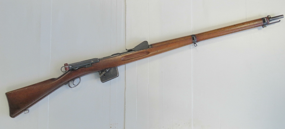 An obsolete calibre Swiss Schmidt Ruben straight pull service rifle.