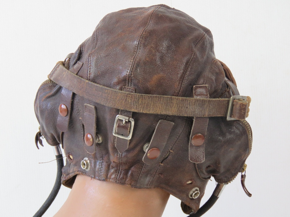 WWII RAF - Battle of Britain period Flying-helmet c1939/40 with zippered ear-pieces & Gosport-tube - Image 2 of 3