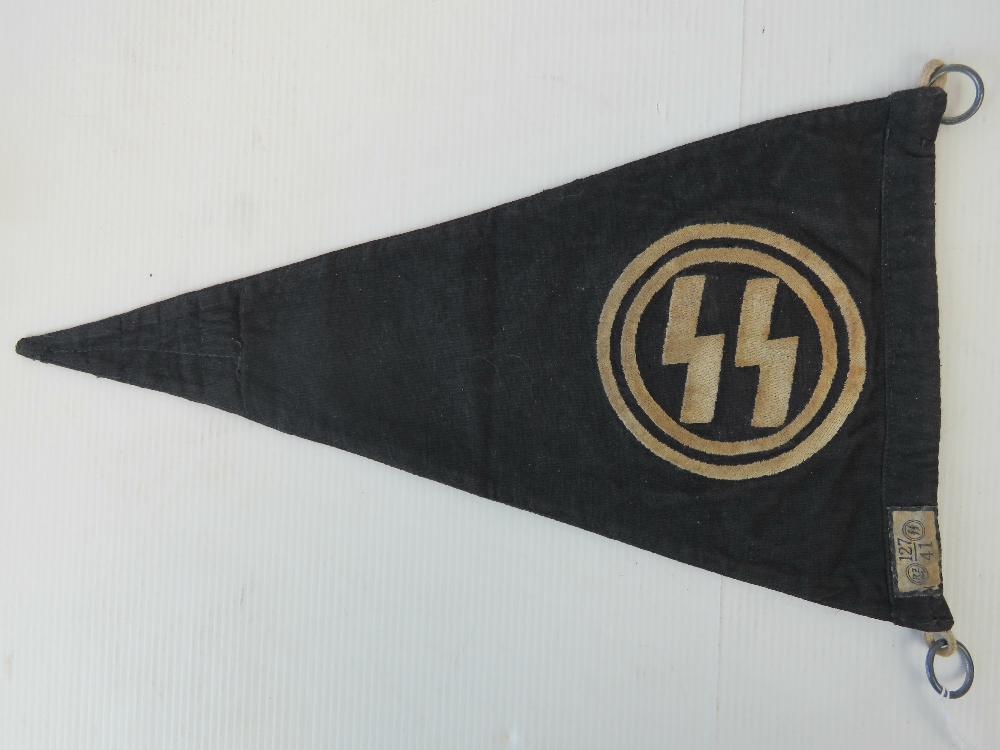 A German SS black cloth car pennant embroidered with SS runes and issue tag 127/41, 35.5cm. - Image 3 of 3