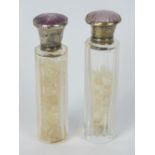 Two delightful cut glass, HM silver and enamel smelling salts,