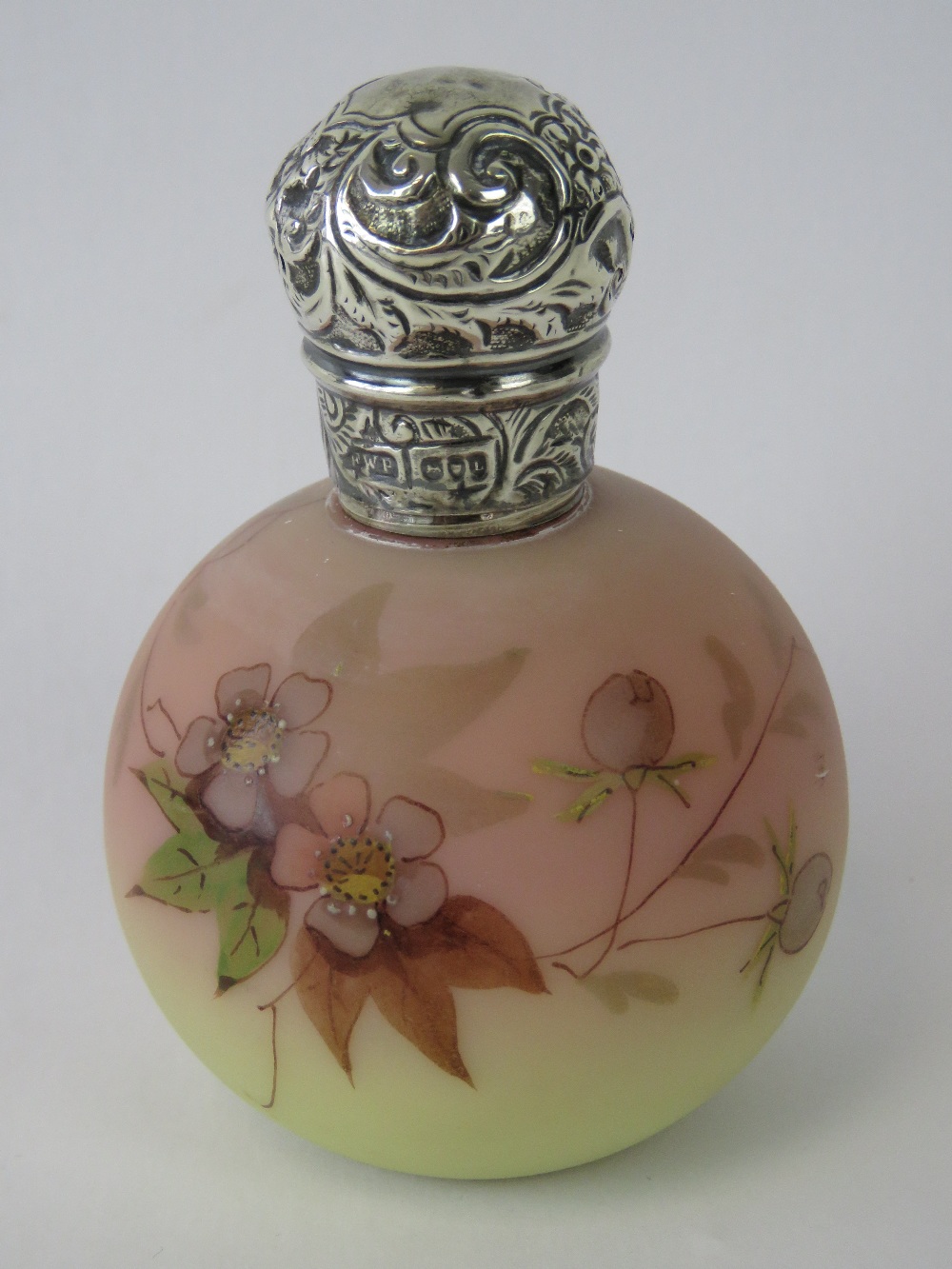 A handpainted Burmese glass perfume bottle with HM silver top,