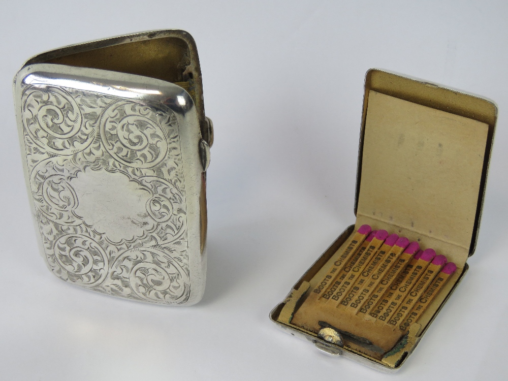 A HM silver cigarette case with foliate engraving, gilded interior, two elasticated straps, - Image 2 of 3