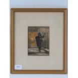 A single Baxter print depicting young chimney sweep on a doorstep before a stout door bearing the