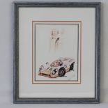 Coloured print; a Porsche 917 and Steve McQueen, signed by the artist, 20cm x 15cm.