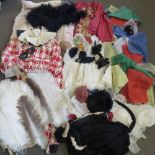 A vintage Harlequin costume and other vintage fancy dress apparel, bunting, ostrich feathers, etc.