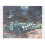 Oil painting by Harley Crossley of Joan Pink in Austin-Healey 3000 MkII, circa 1969,