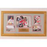 A framed photo montage of Lewis Hamilton, comprising five photos and plaque, 78 x 44cm.