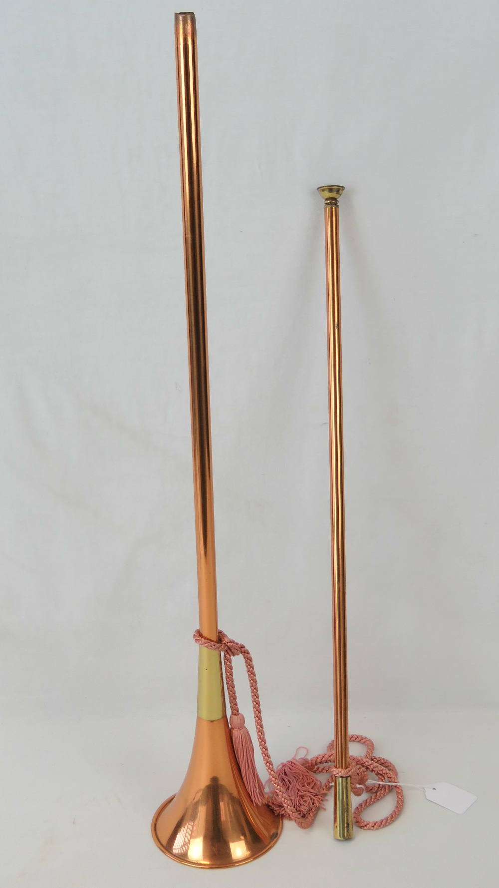 A copper and brass coaching horn, comple