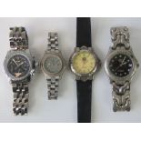 Four mens wristwatches; two with stainless steel straps , one with leather strap.