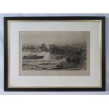 A dry point etching after Wilfred Ball, a view of the Old Putney Bridge with figures and boats,