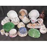 A quantity of assorted ceramic ware including; cabbage plates, part tea sets, salt glazed figurine,