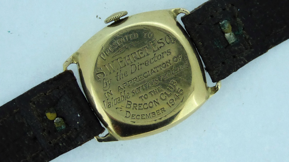 A 9ct gold cushion cased gents 1945 presentation watch, inscribed to reverse. Total weight 26g. - Image 2 of 2