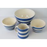 Two ceramic Cornishware blue and white banded TG Green small mixing bowls,