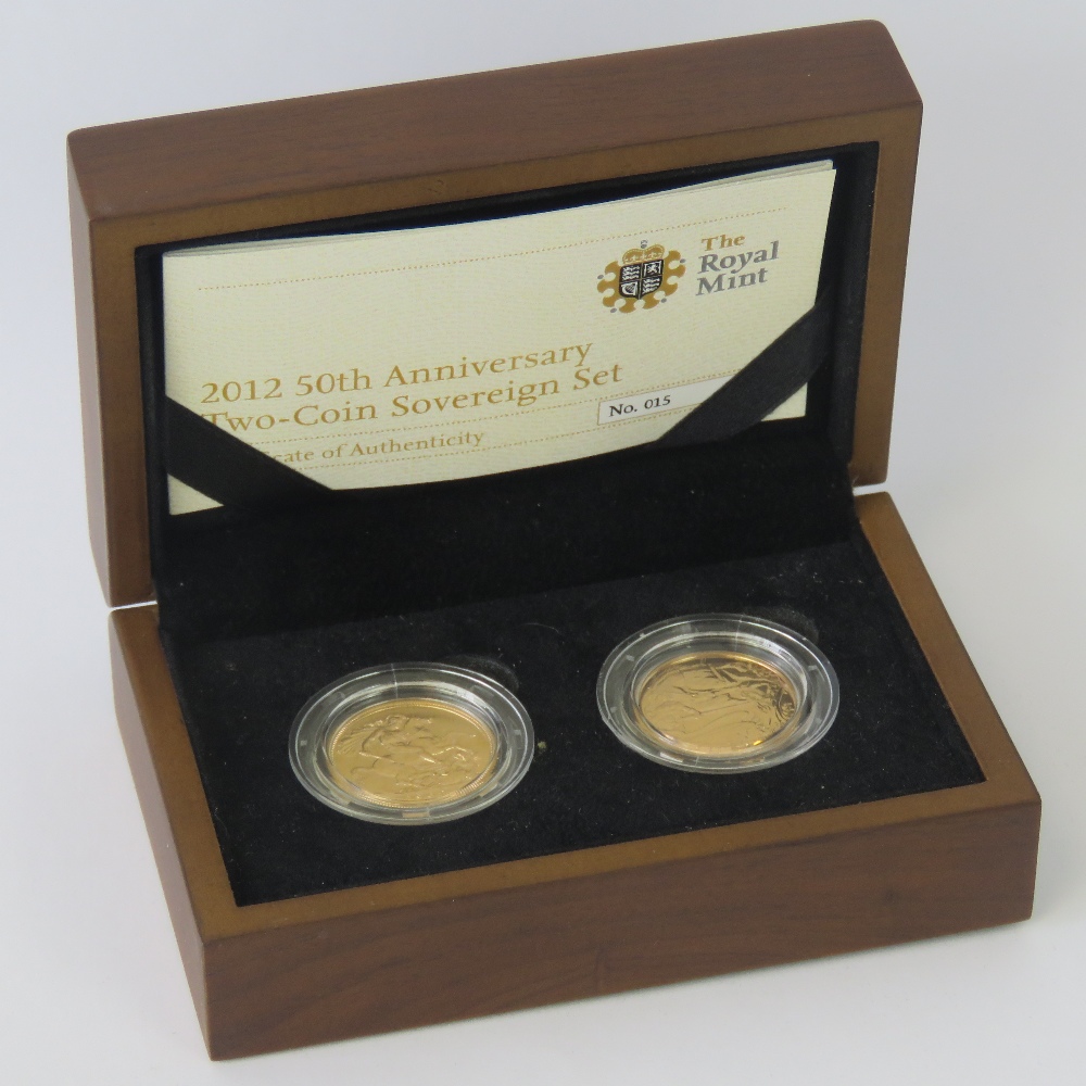 A 22ct gold two coin proof 2012 Soverign set comprising 1962 and 2012 Full Sovereigns,