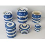 A quantity of TG Green ceramic blue and white Cornishware including; lidded pots for sugar (a/f),