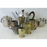 A large hotelware aluminium teapot, two stainless steel hot water pots,