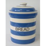 A Cloverleaf blue and white Cornishware ceramic bread bid with lid in the style of TG Green,