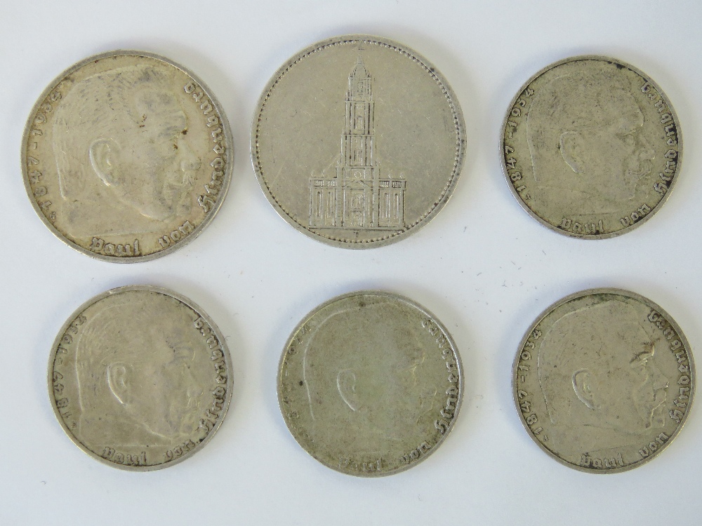 WWII German silver coins; 900 silver 1934 & 1935 '5 Reichsmark' coins, 625 silver 1937 (x2), - Image 2 of 2