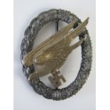 A WWII German Paratrooper 'Fallschirmjager' Award badge, marked G.H.Osang Dresden.