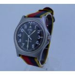 A British Army issue CWC quartz watch, case back marked with crows foot and "W10/6645-99, 5415317,