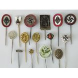 A quantity of assorted WWII German stick pins including; a NSDAP enamel pin marked 'Ges.