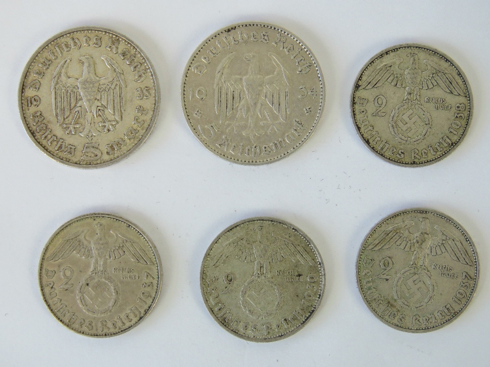 WWII German silver coins; 900 silver 1934 & 1935 '5 Reichsmark' coins, 625 silver 1937 (x2),