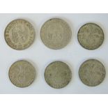 WWII German silver coins; 900 silver 1934 & 1935 '5 Reichsmark' coins, 625 silver 1937 (x2),