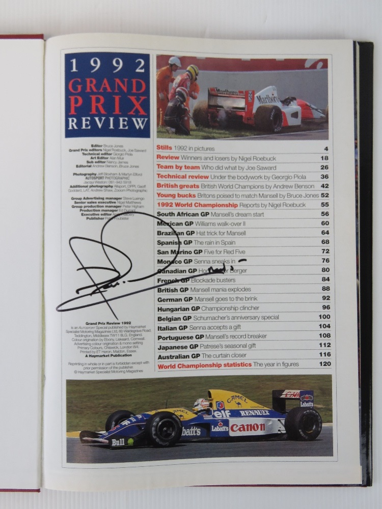 Book; Grand Prix Review 1992, hardback with dust wrapper, signed by Nigel Mansell. - Image 2 of 2