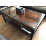 A contemporary twin drawer hardwood coffee table with shelf under, 120 x 70cm.