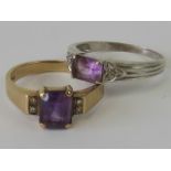 Two 9ct gold amethyst and diamond rings;