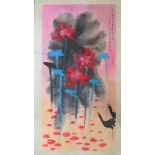 A 20th century Chinese painted scroll depicting abstract flowers and birds,