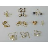 Ten pairs of 9ct gold and yellow metal earrings including; studs,