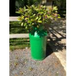 A pair of vintage 11 gallon milk churns, each with side handles and powder coated green, 70cm high,