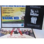 Two large modern film posters for Kinky Boots and Waking Ned, also a print of The Godfather poster,