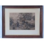 A late Victorian monochromatic pastoral print, shepherdess with sheep, cottage beyond,