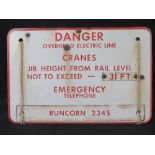 A vintage 'Danger Overhead Electric Line' railway sign with adjustable sub sign insert for feet and