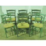 A set of six contemporary rush seated kitchen chairs in green stained ash (2+4).