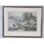 Watercolour; winter scene, pond and sheep before, sky and trees beyond, signed Sidney pike,