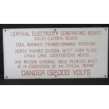 An enamelled tin plate Central Electricity Generating Board warning sign, 50 x 105cm.