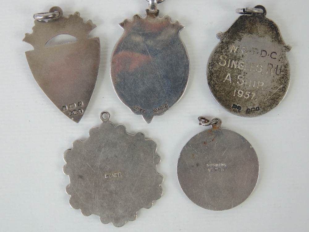 Three HM silver fobs, one with rose metal dartboard design upon and engraved for 1957, - Image 2 of 2